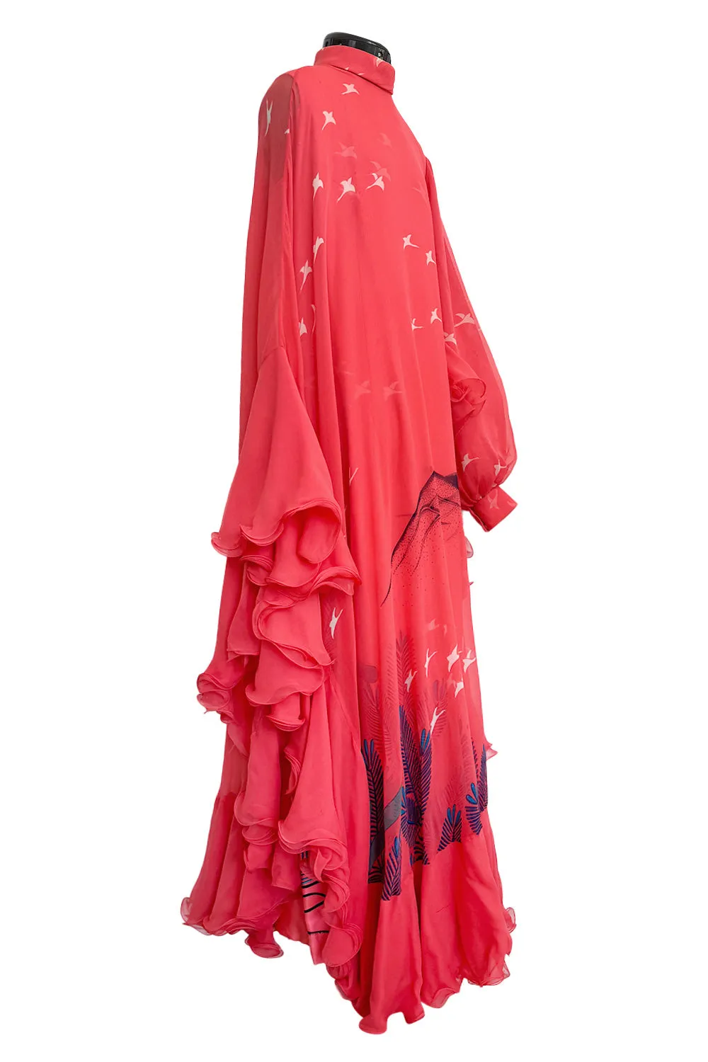 Important Fall 1972 Hanae Mori Couture Ad & Book Piece Silk Chiffon Printed & Ruffled One Sleeve Caftan Dress