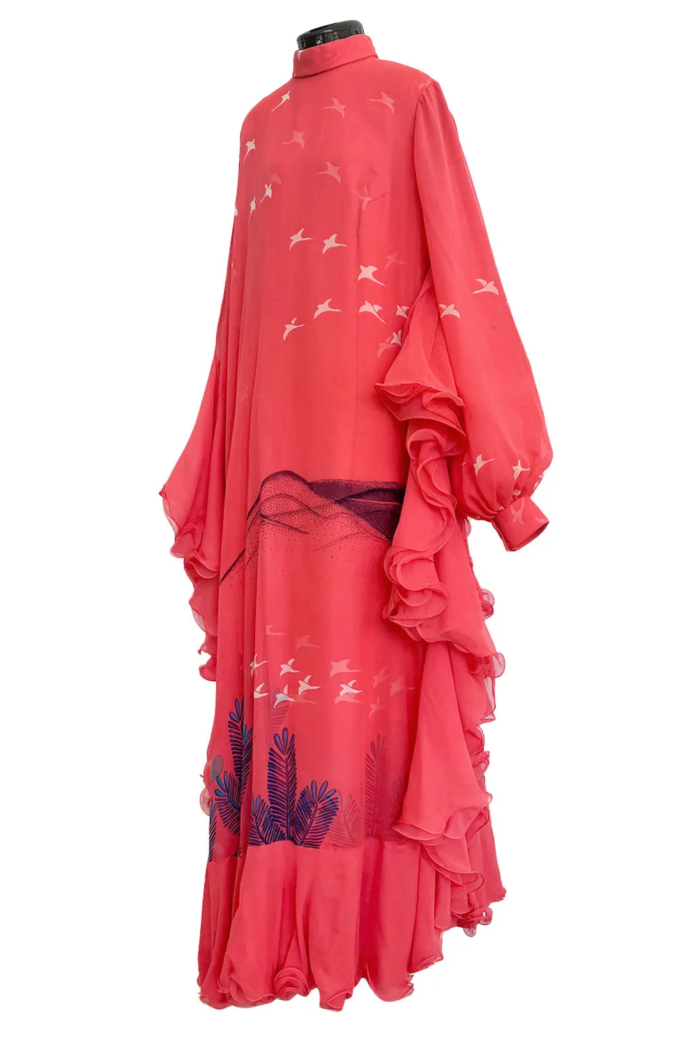 Important Fall 1972 Hanae Mori Couture Ad & Book Piece Silk Chiffon Printed & Ruffled One Sleeve Caftan Dress