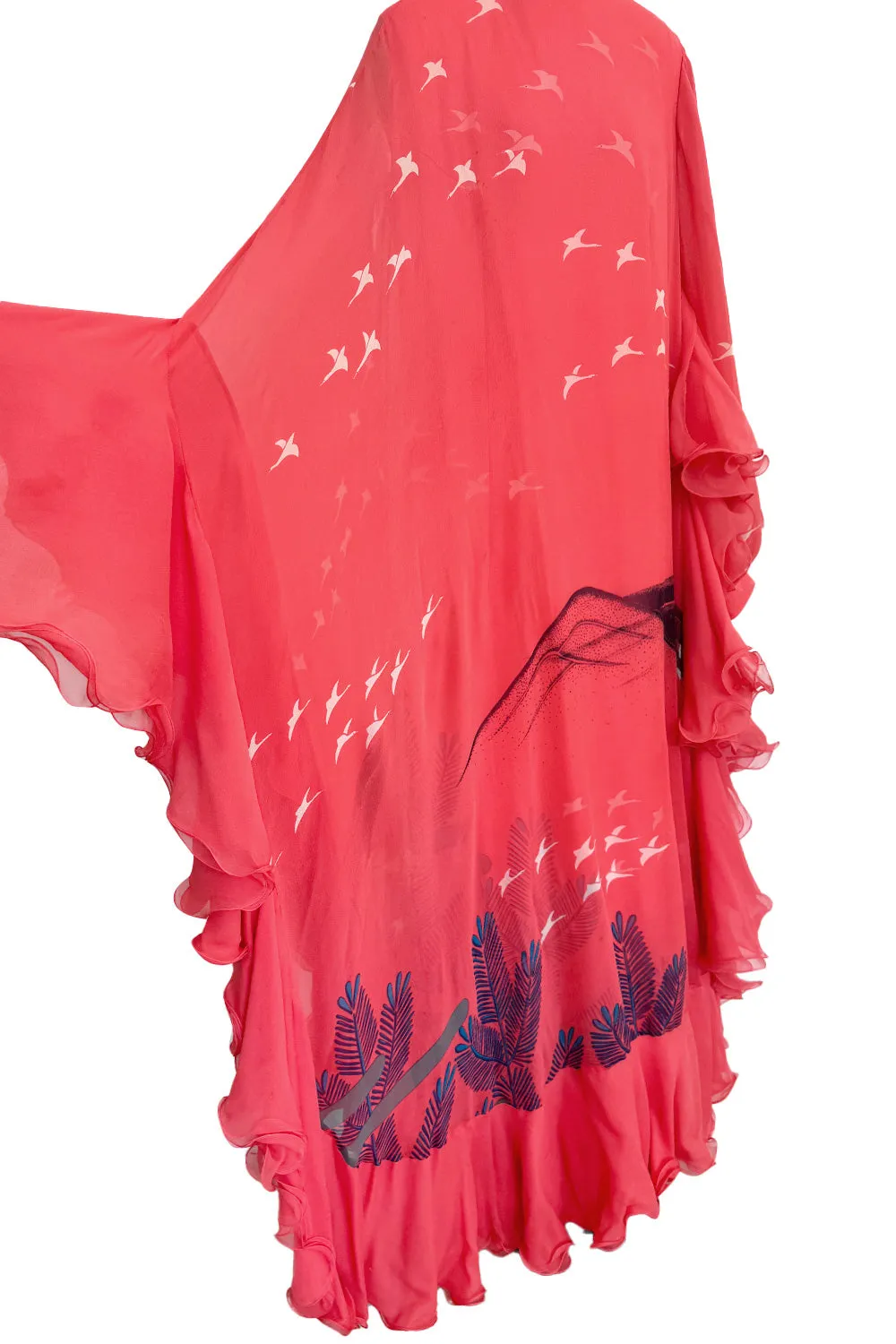Important Fall 1972 Hanae Mori Couture Ad & Book Piece Silk Chiffon Printed & Ruffled One Sleeve Caftan Dress