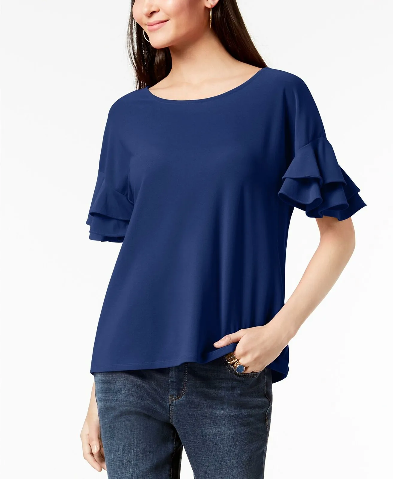 INC International Concepts Ruffled Sleeve Popover Top Bright Blue PXL