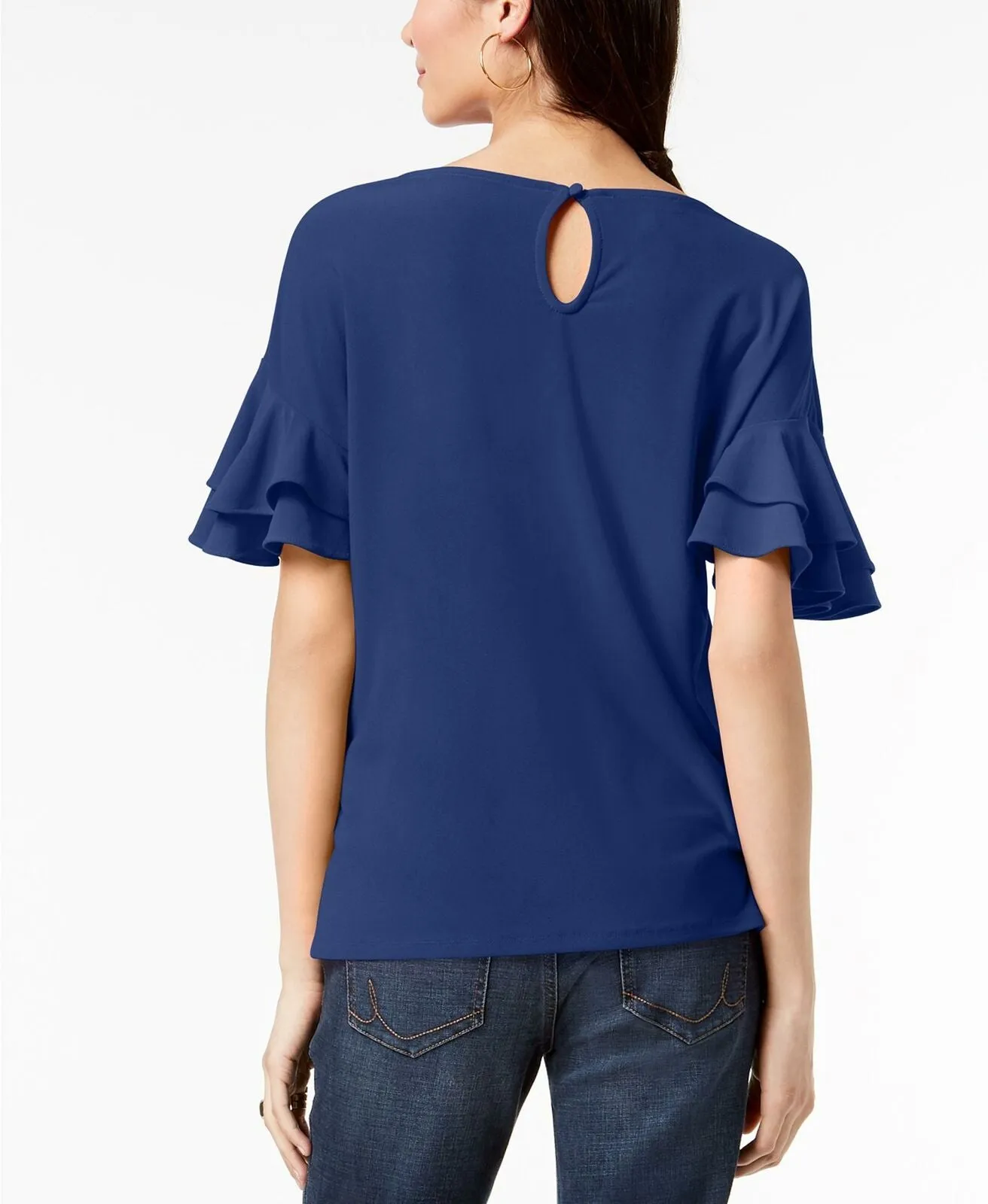 INC International Concepts Ruffled Sleeve Popover Top Bright Blue PXL