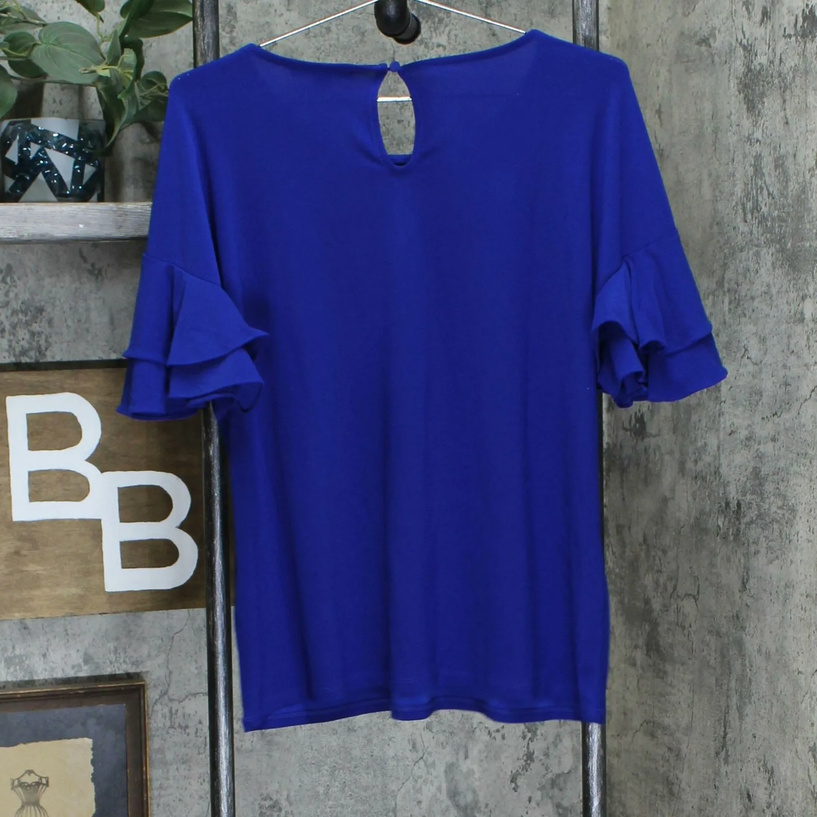 INC International Concepts Ruffled Sleeve Popover Top Bright Blue PXL