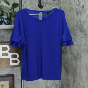INC International Concepts Ruffled Sleeve Popover Top Bright Blue PXL
