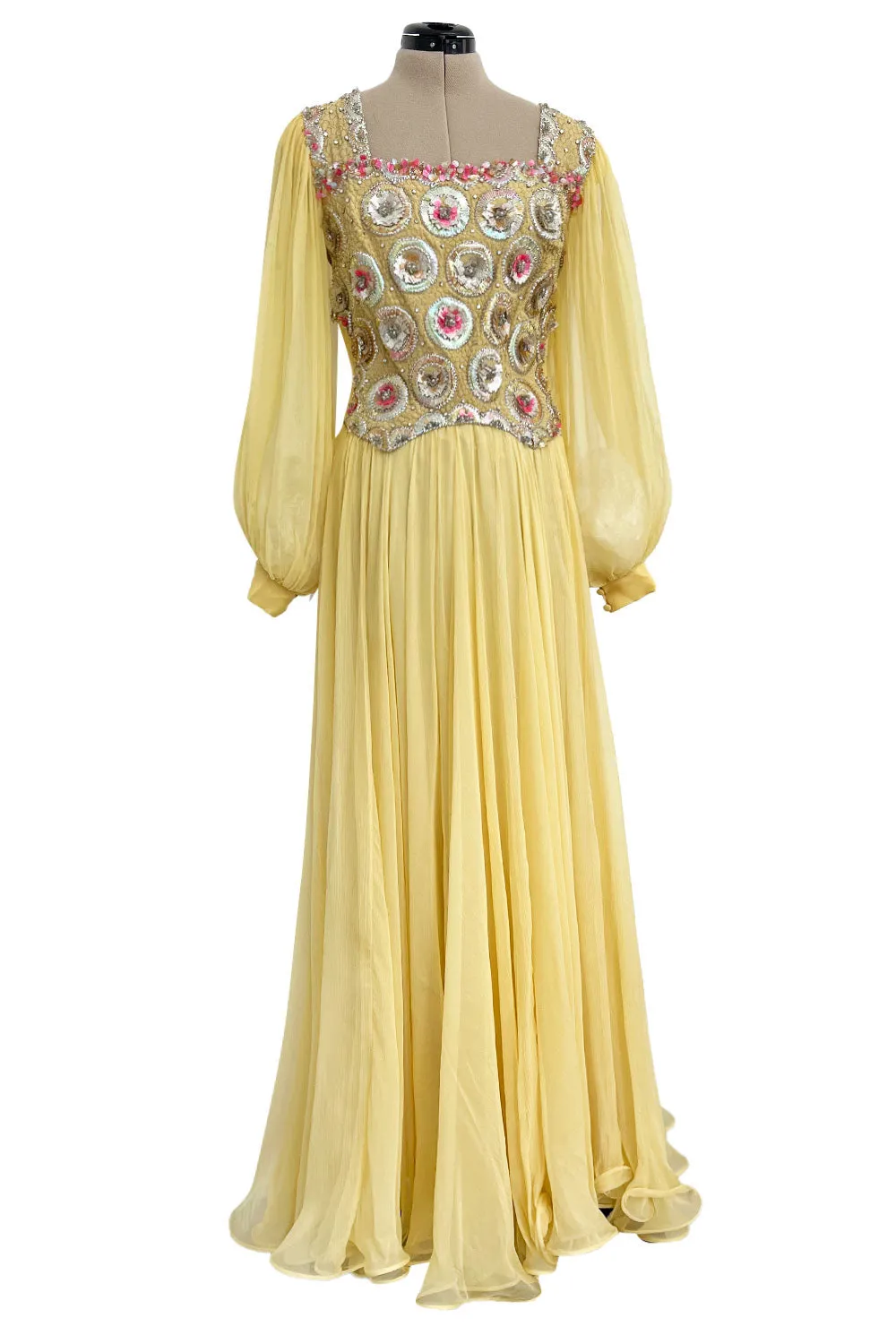 Incredible 1960s Tiziani Couture by Karl Lagerfeld Yellow Silk Chiffon Dress w Elaborate Beading