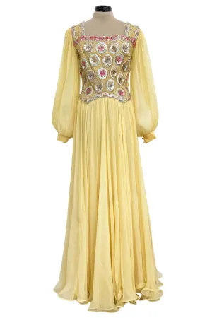 Incredible 1960s Tiziani Couture by Karl Lagerfeld Yellow Silk Chiffon Dress w Elaborate Beading