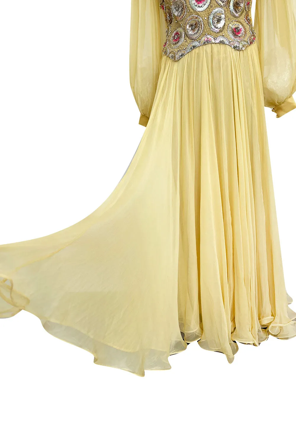 Incredible 1960s Tiziani Couture by Karl Lagerfeld Yellow Silk Chiffon Dress w Elaborate Beading
