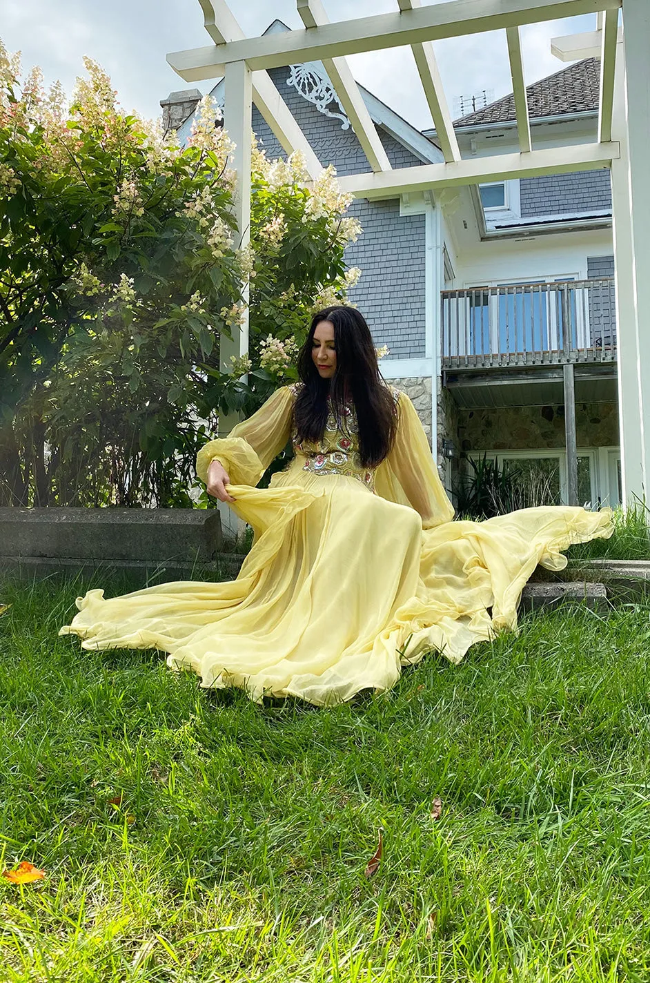 Incredible 1960s Tiziani Couture by Karl Lagerfeld Yellow Silk Chiffon Dress w Elaborate Beading