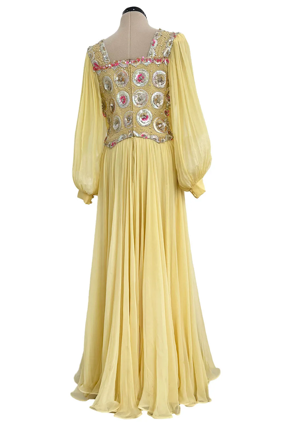 Incredible 1960s Tiziani Couture by Karl Lagerfeld Yellow Silk Chiffon Dress w Elaborate Beading