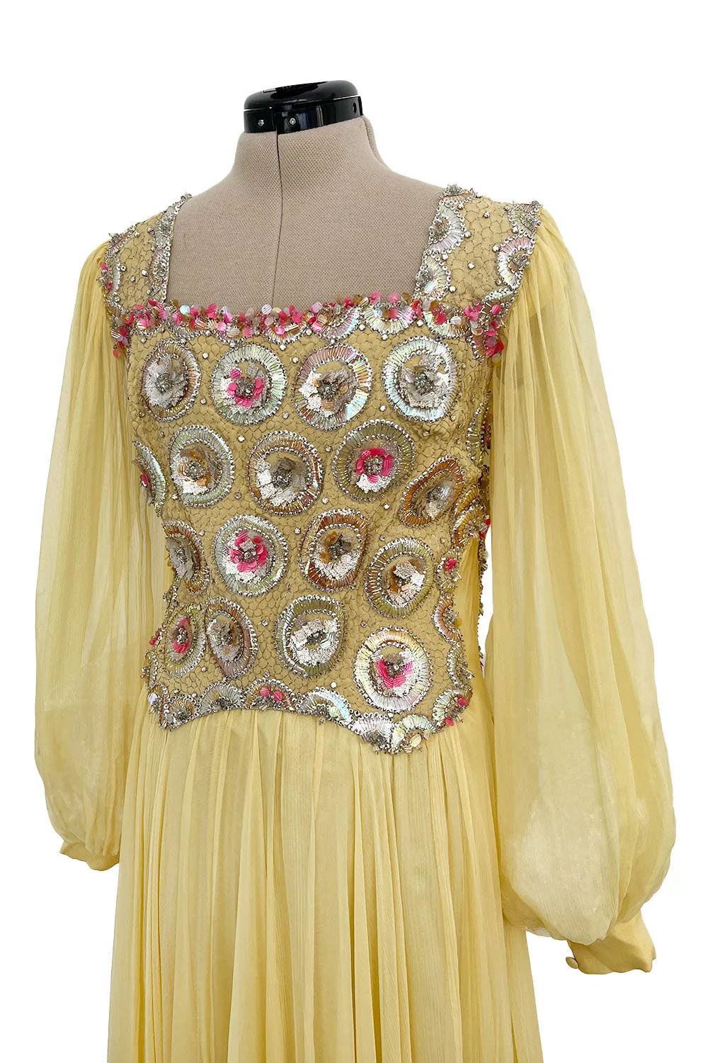 Incredible 1960s Tiziani Couture by Karl Lagerfeld Yellow Silk Chiffon Dress w Elaborate Beading