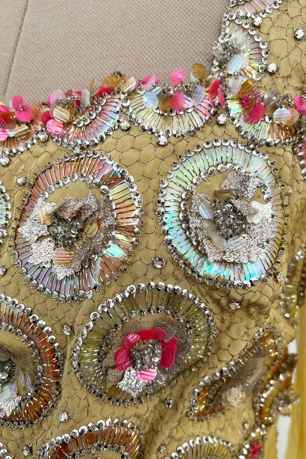 Incredible 1960s Tiziani Couture by Karl Lagerfeld Yellow Silk Chiffon Dress w Elaborate Beading