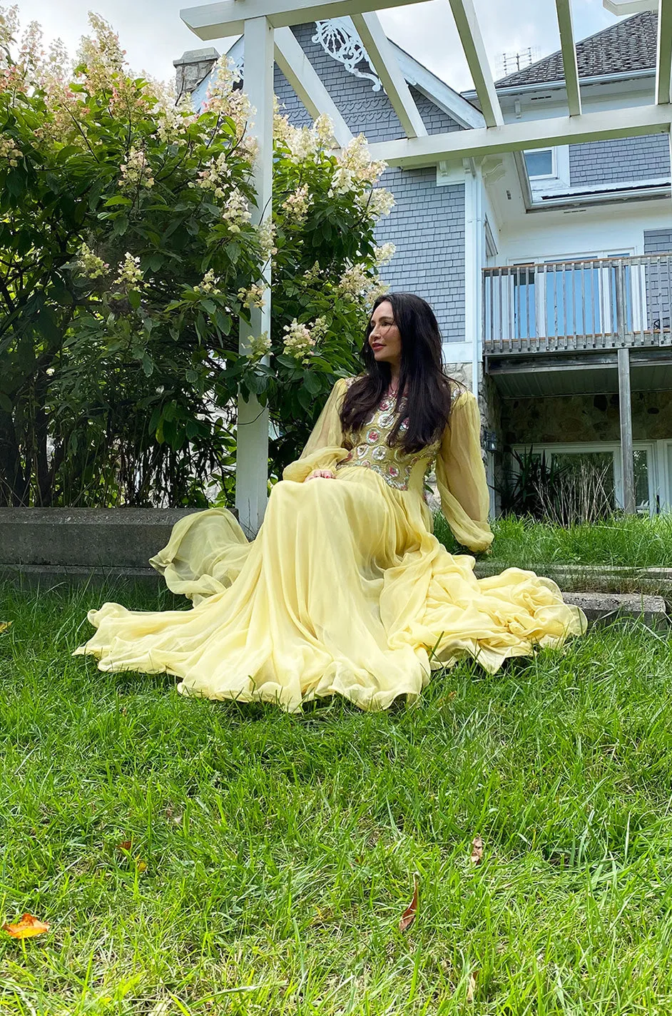 Incredible 1960s Tiziani Couture by Karl Lagerfeld Yellow Silk Chiffon Dress w Elaborate Beading