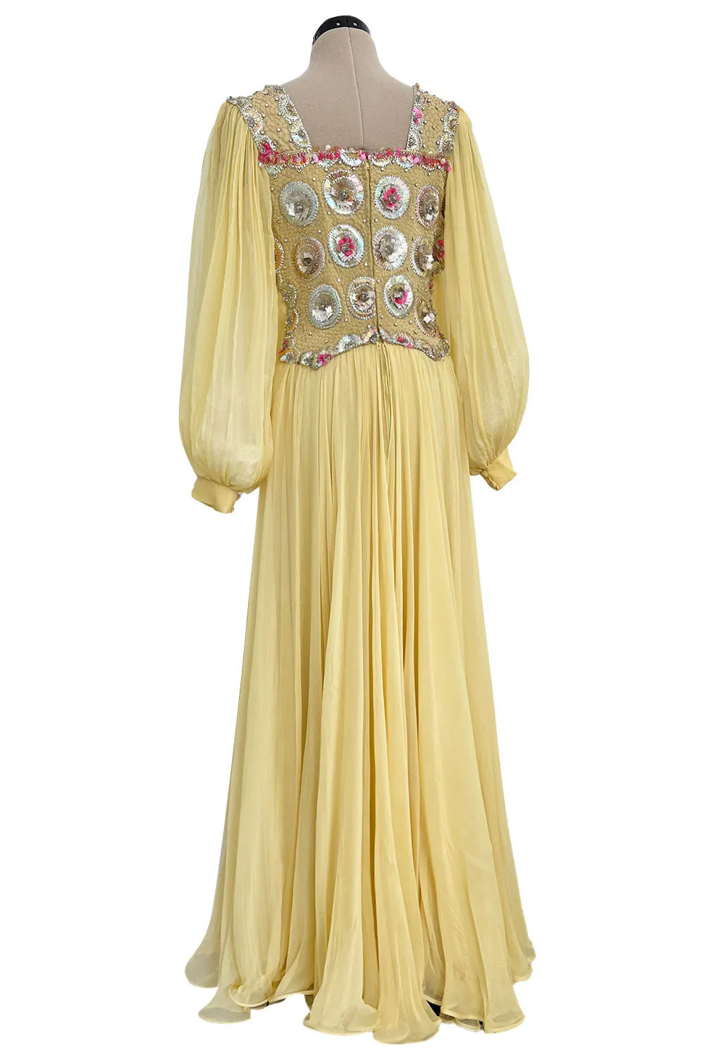 Incredible 1960s Tiziani Couture by Karl Lagerfeld Yellow Silk Chiffon Dress w Elaborate Beading