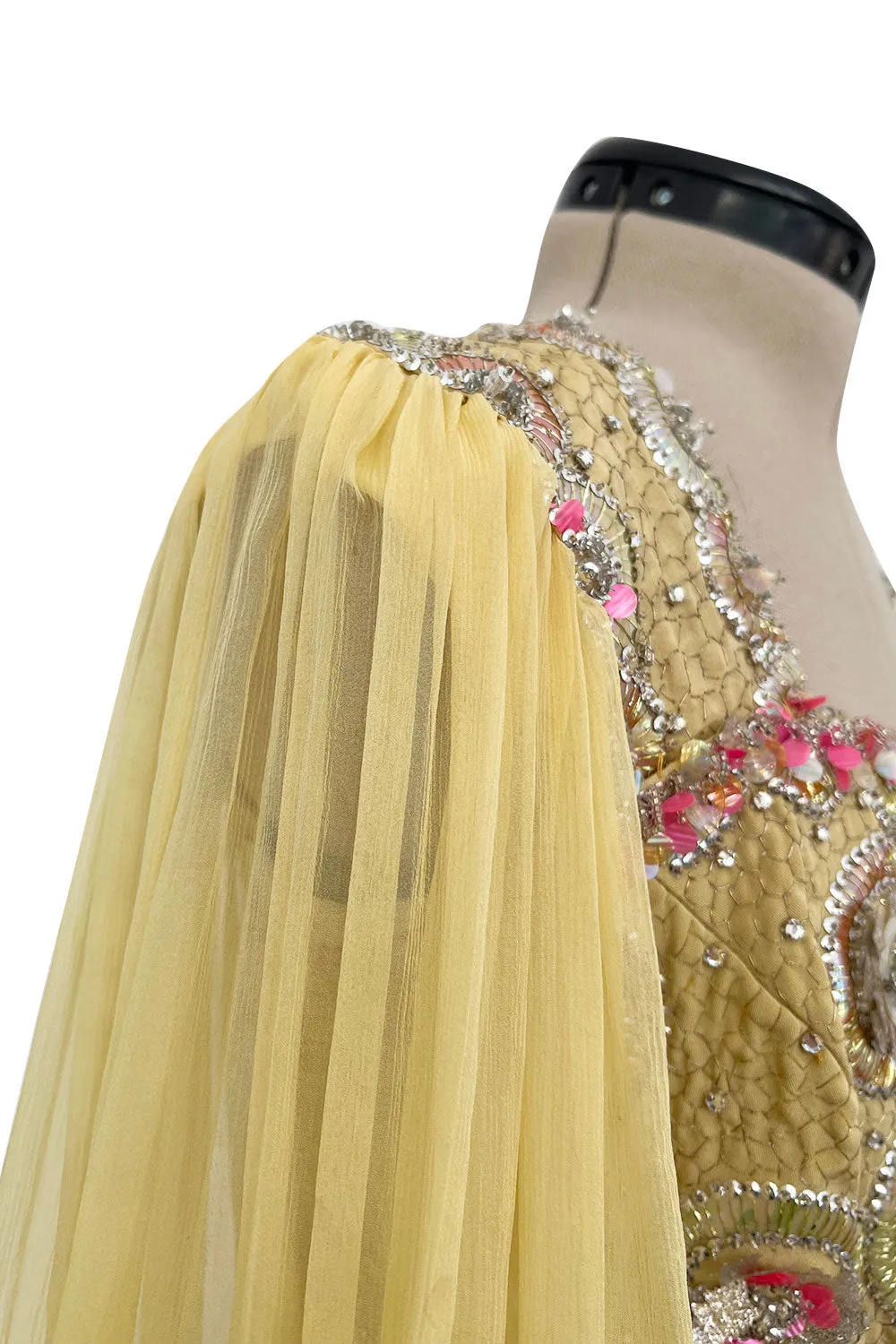 Incredible 1960s Tiziani Couture by Karl Lagerfeld Yellow Silk Chiffon Dress w Elaborate Beading