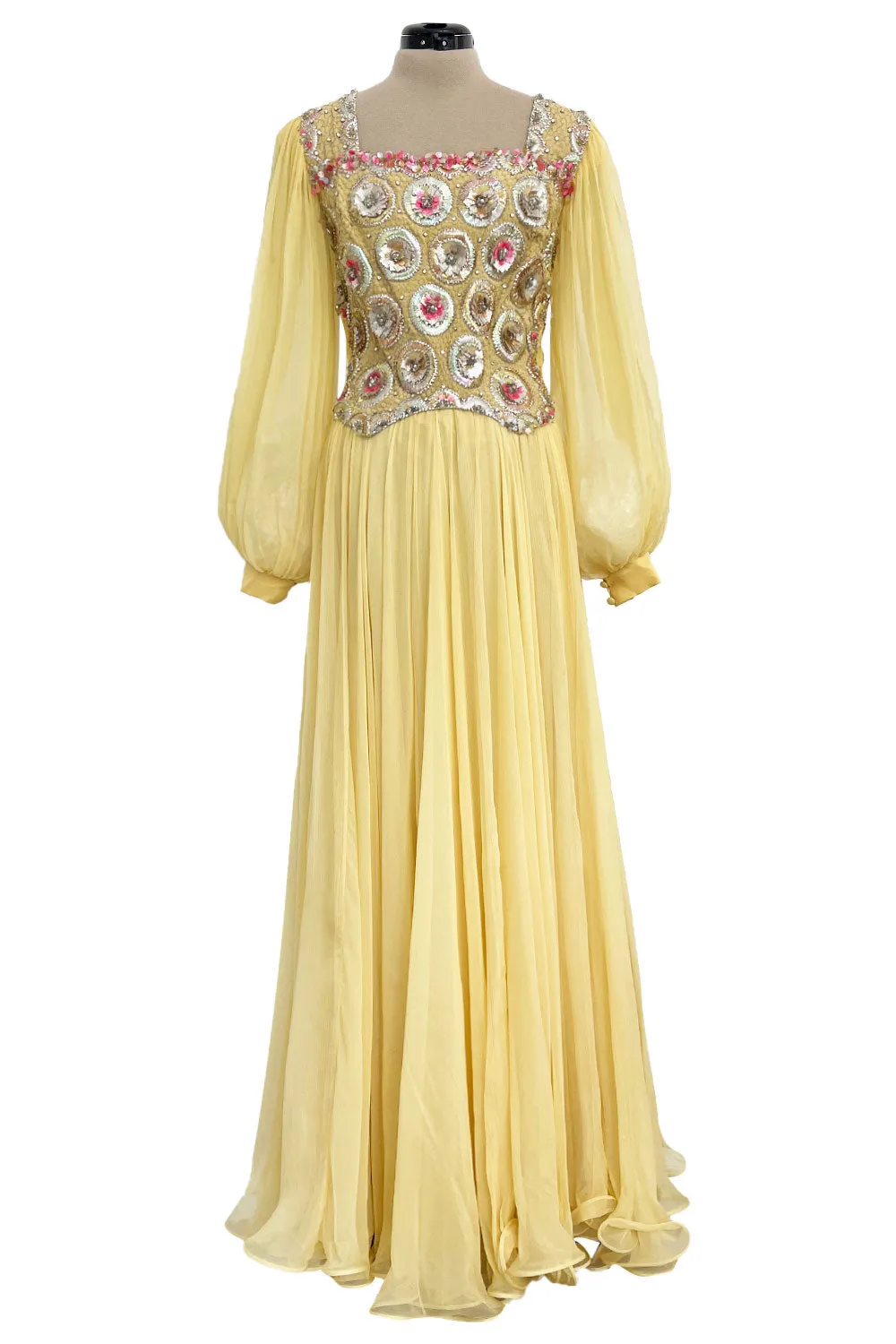 Incredible 1960s Tiziani Couture by Karl Lagerfeld Yellow Silk Chiffon Dress w Elaborate Beading