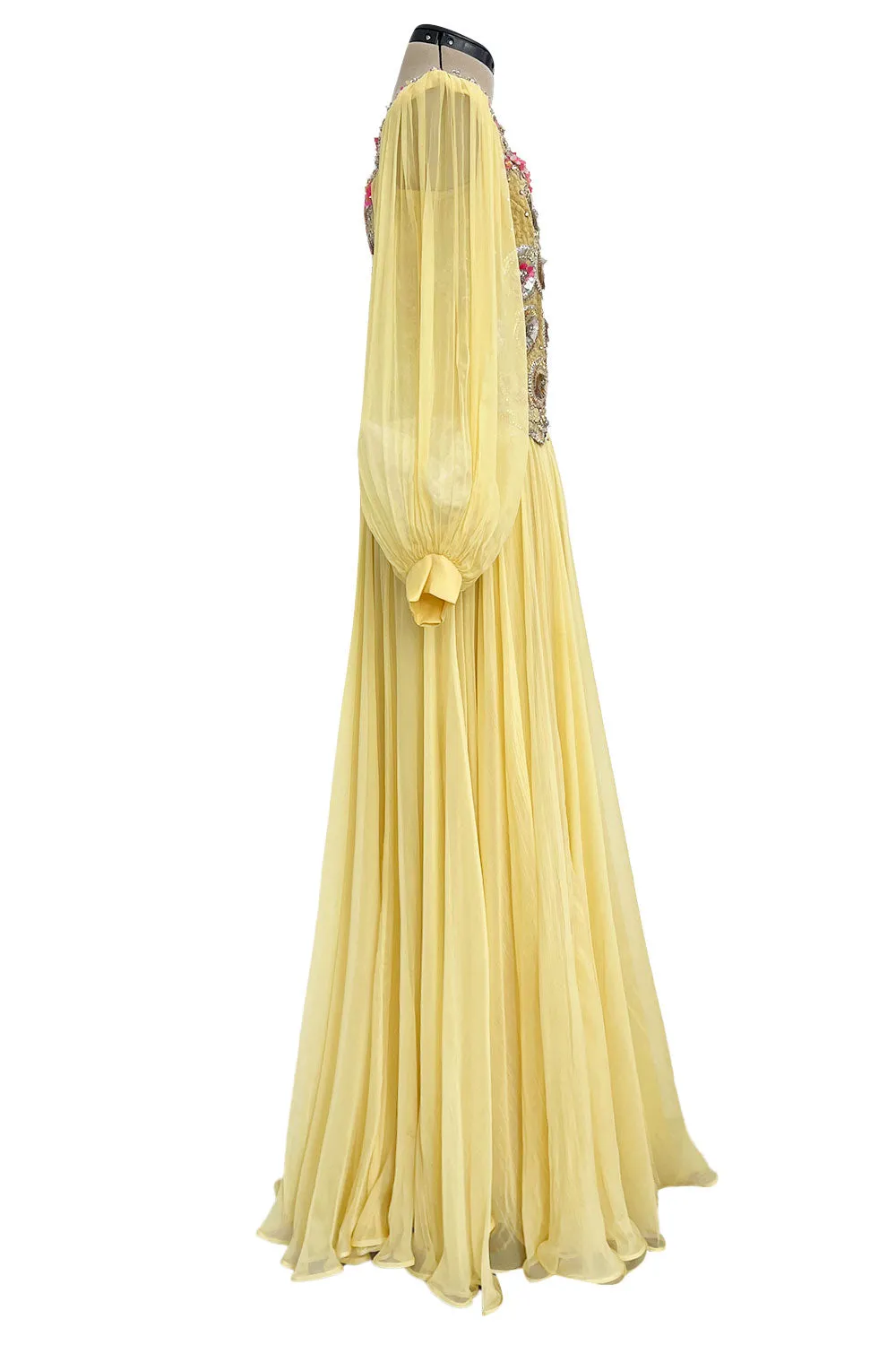 Incredible 1960s Tiziani Couture by Karl Lagerfeld Yellow Silk Chiffon Dress w Elaborate Beading