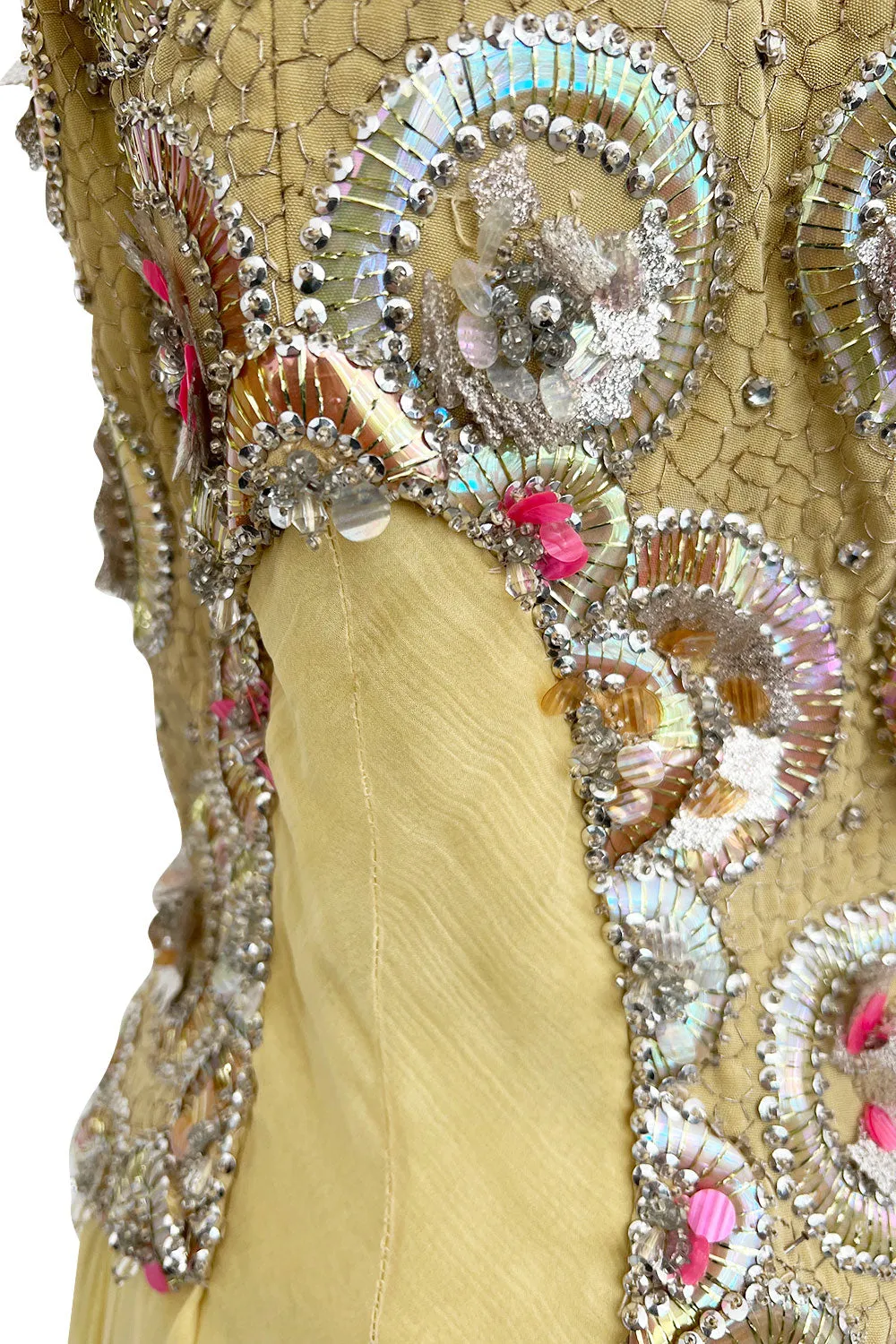 Incredible 1960s Tiziani Couture by Karl Lagerfeld Yellow Silk Chiffon Dress w Elaborate Beading