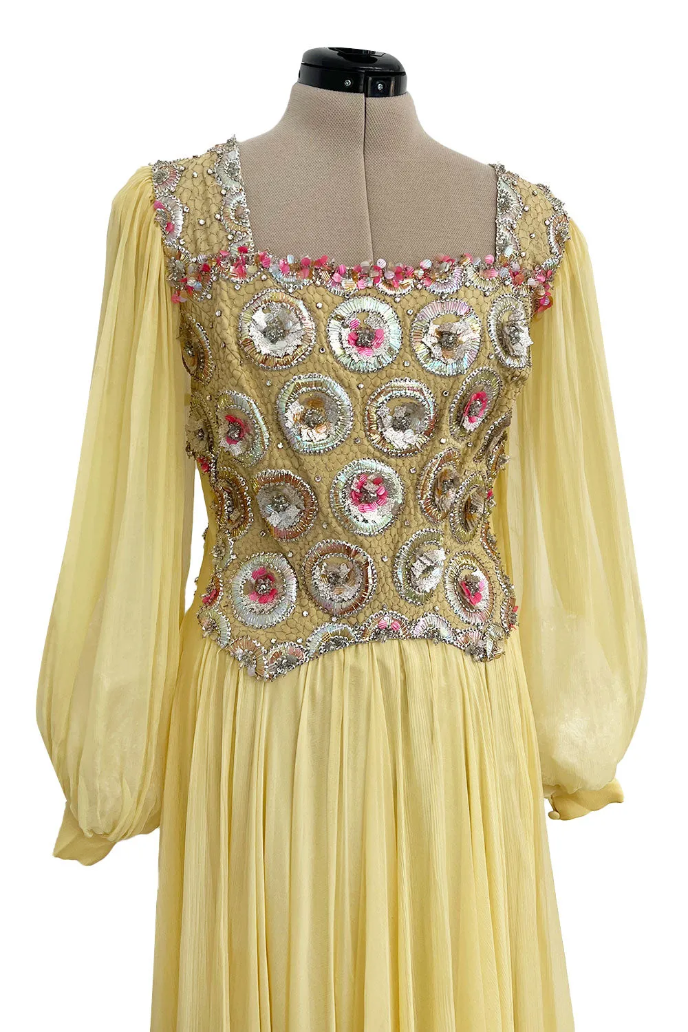 Incredible 1960s Tiziani Couture by Karl Lagerfeld Yellow Silk Chiffon Dress w Elaborate Beading