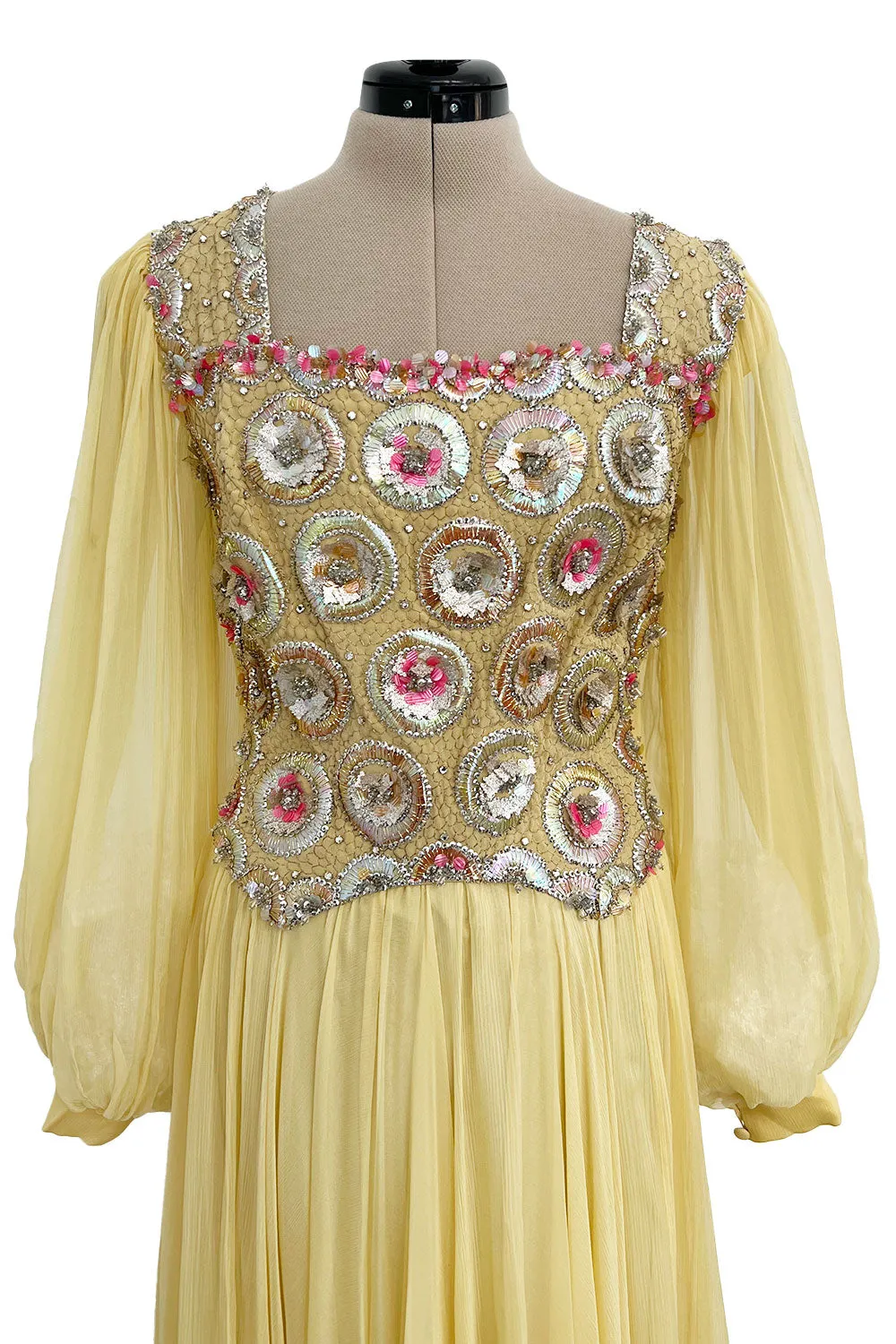 Incredible 1960s Tiziani Couture by Karl Lagerfeld Yellow Silk Chiffon Dress w Elaborate Beading