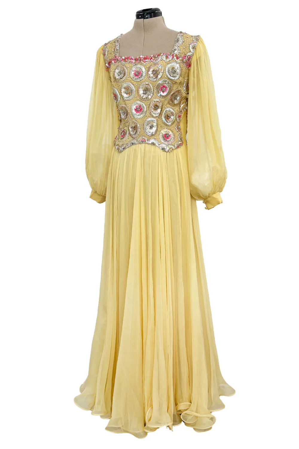 Incredible 1960s Tiziani Couture by Karl Lagerfeld Yellow Silk Chiffon Dress w Elaborate Beading