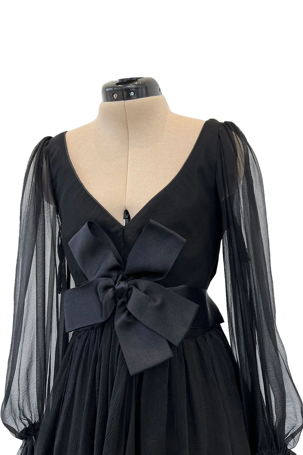 Incredible Fall 1993 Yves Saint Laurent Runway Black Silk Chiffon Dress W Ruffle Full Sleeves