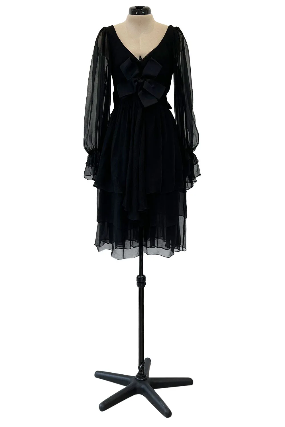 Incredible Fall 1993 Yves Saint Laurent Runway Black Silk Chiffon Dress W Ruffle Full Sleeves