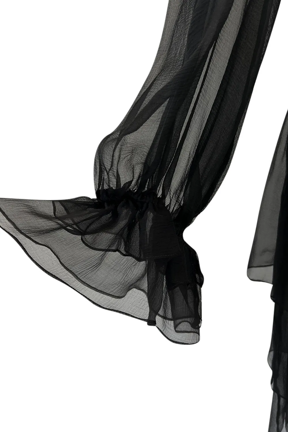 Incredible Fall 1993 Yves Saint Laurent Runway Black Silk Chiffon Dress W Ruffle Full Sleeves