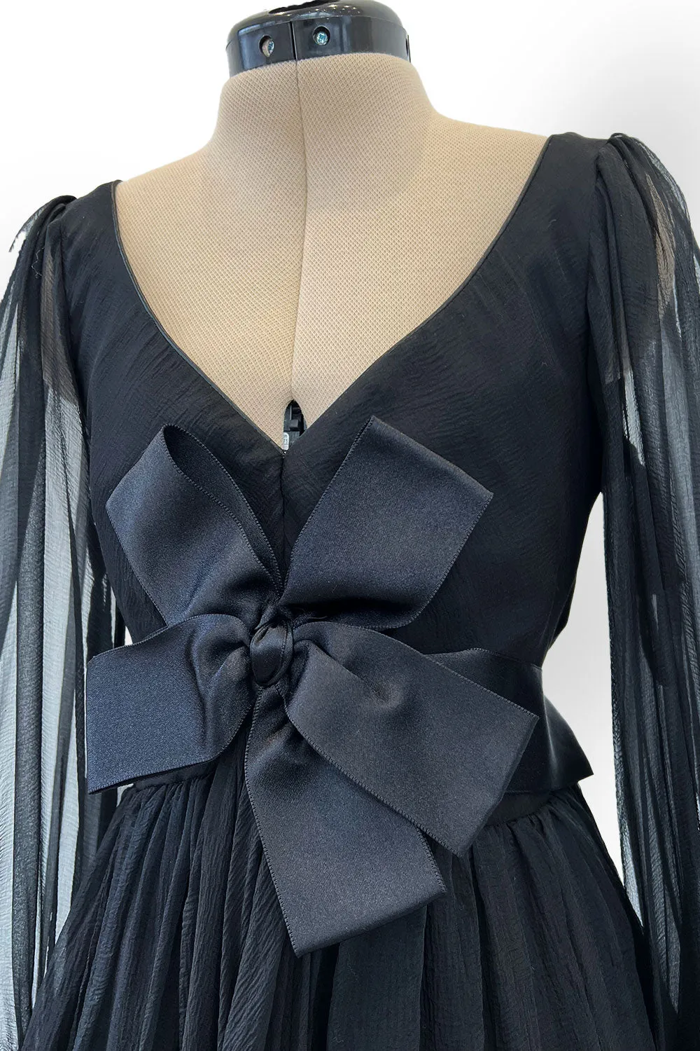Incredible Fall 1993 Yves Saint Laurent Runway Black Silk Chiffon Dress W Ruffle Full Sleeves