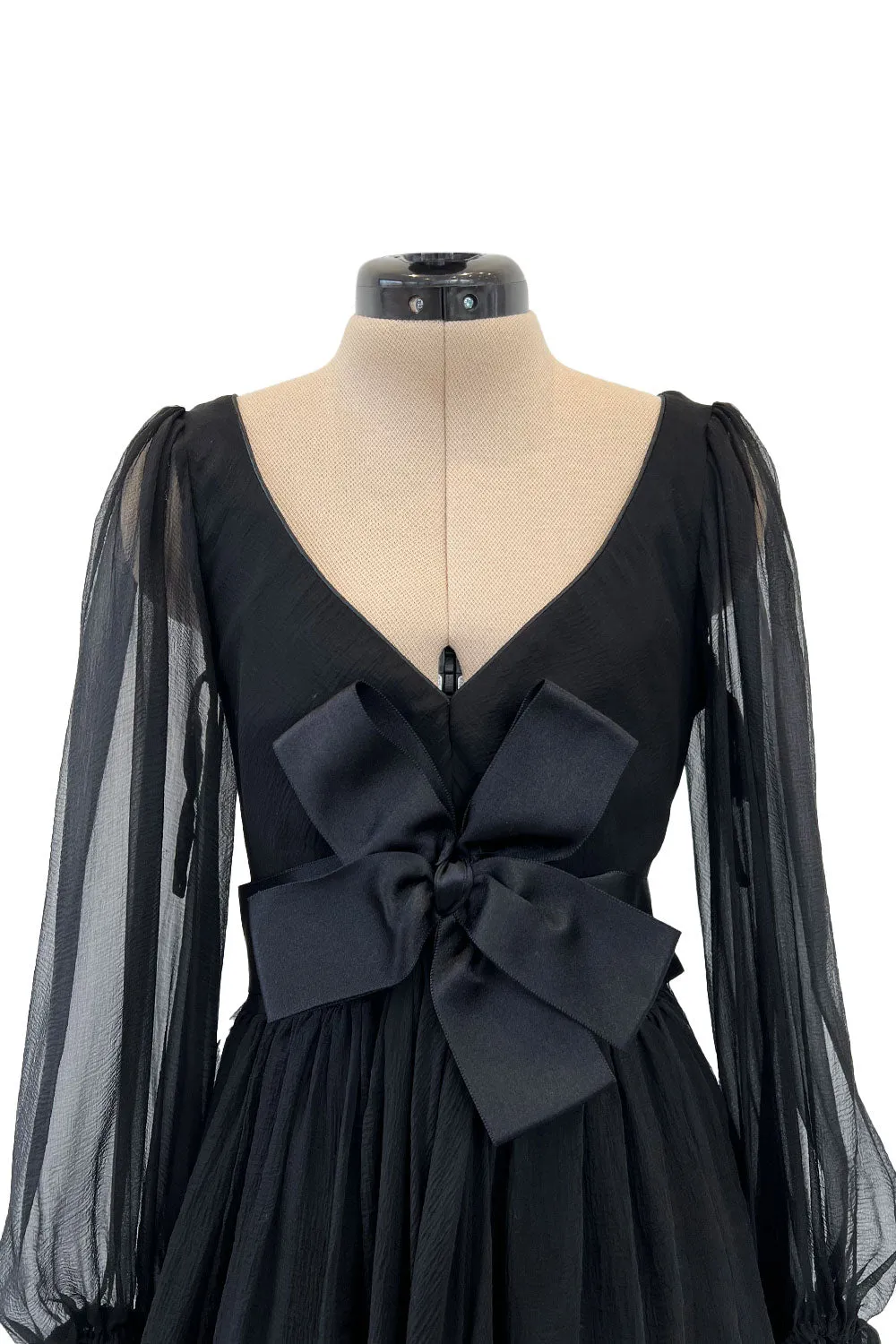 Incredible Fall 1993 Yves Saint Laurent Runway Black Silk Chiffon Dress W Ruffle Full Sleeves