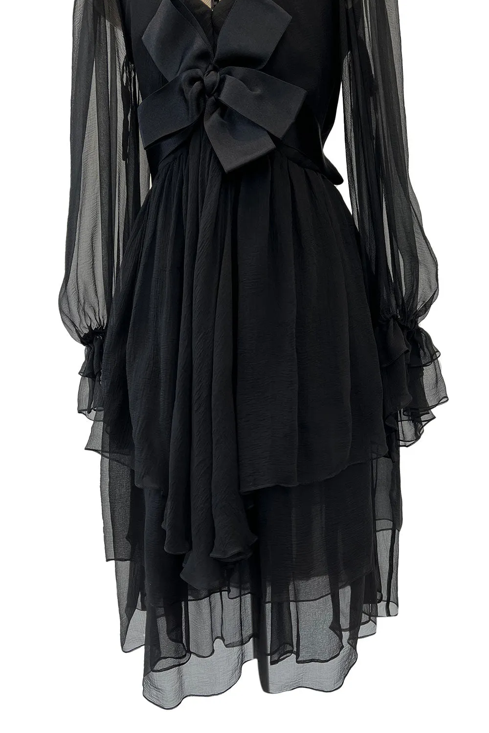 Incredible Fall 1993 Yves Saint Laurent Runway Black Silk Chiffon Dress W Ruffle Full Sleeves