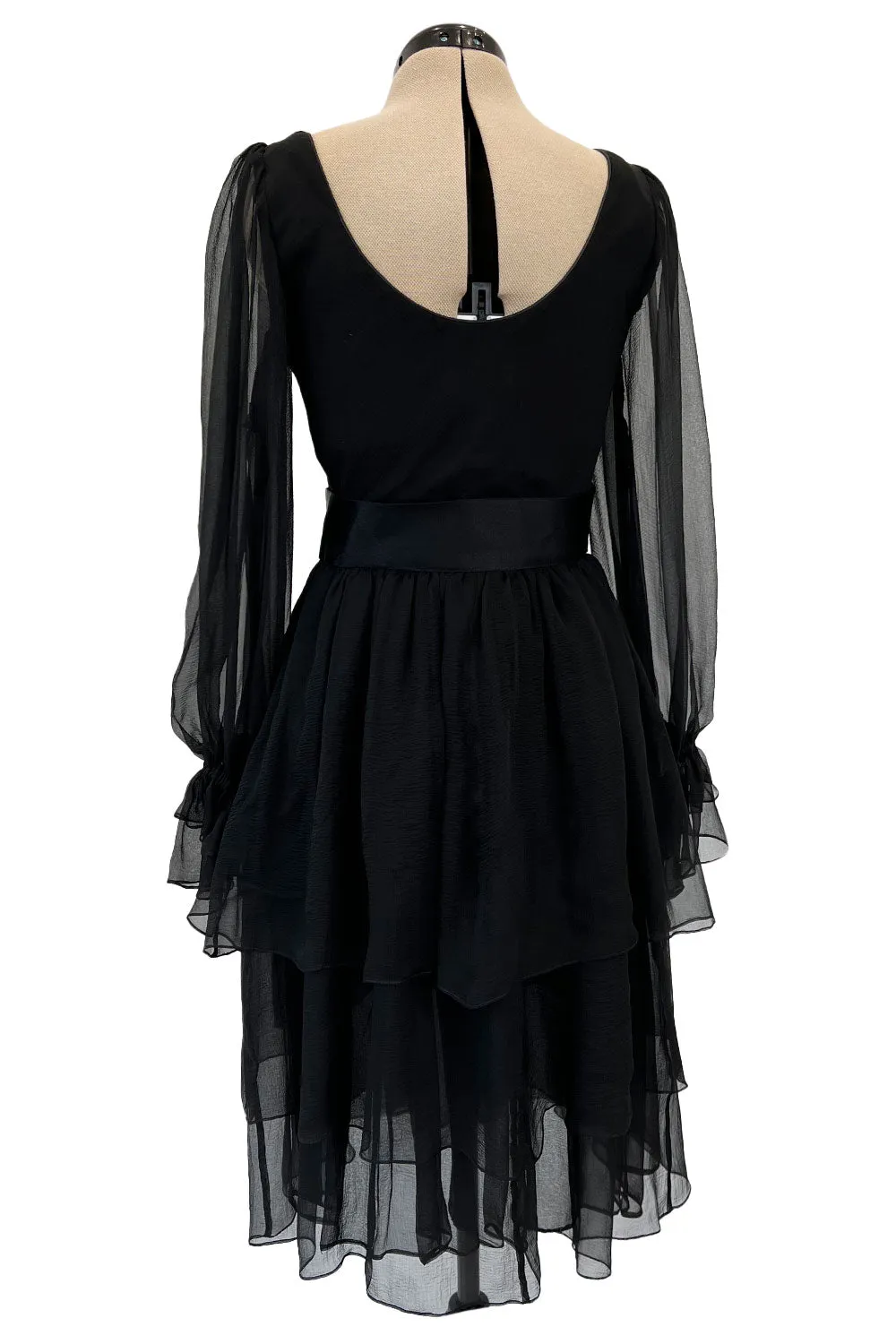 Incredible Fall 1993 Yves Saint Laurent Runway Black Silk Chiffon Dress W Ruffle Full Sleeves