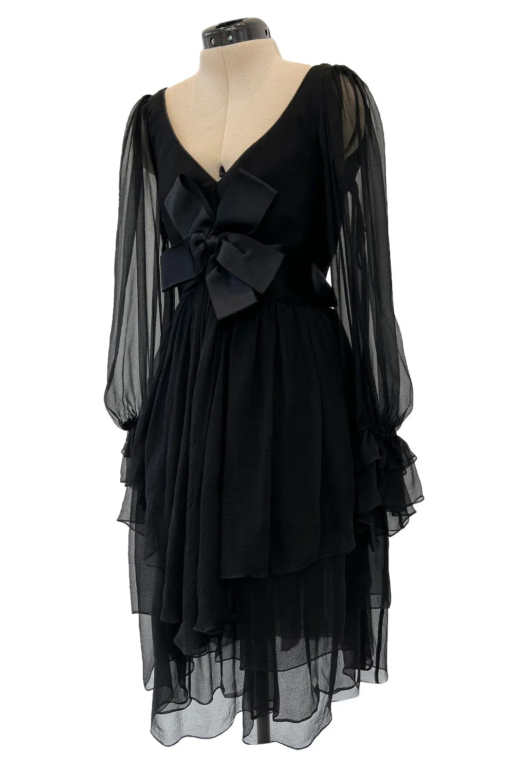 Incredible Fall 1993 Yves Saint Laurent Runway Black Silk Chiffon Dress W Ruffle Full Sleeves
