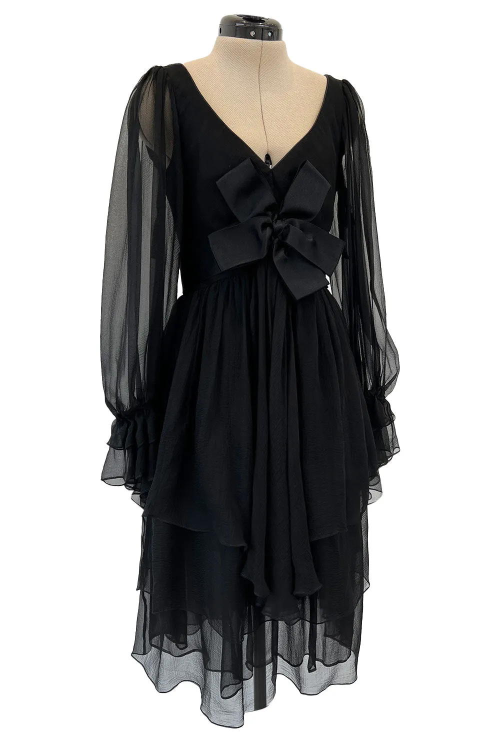 Incredible Fall 1993 Yves Saint Laurent Runway Black Silk Chiffon Dress W Ruffle Full Sleeves