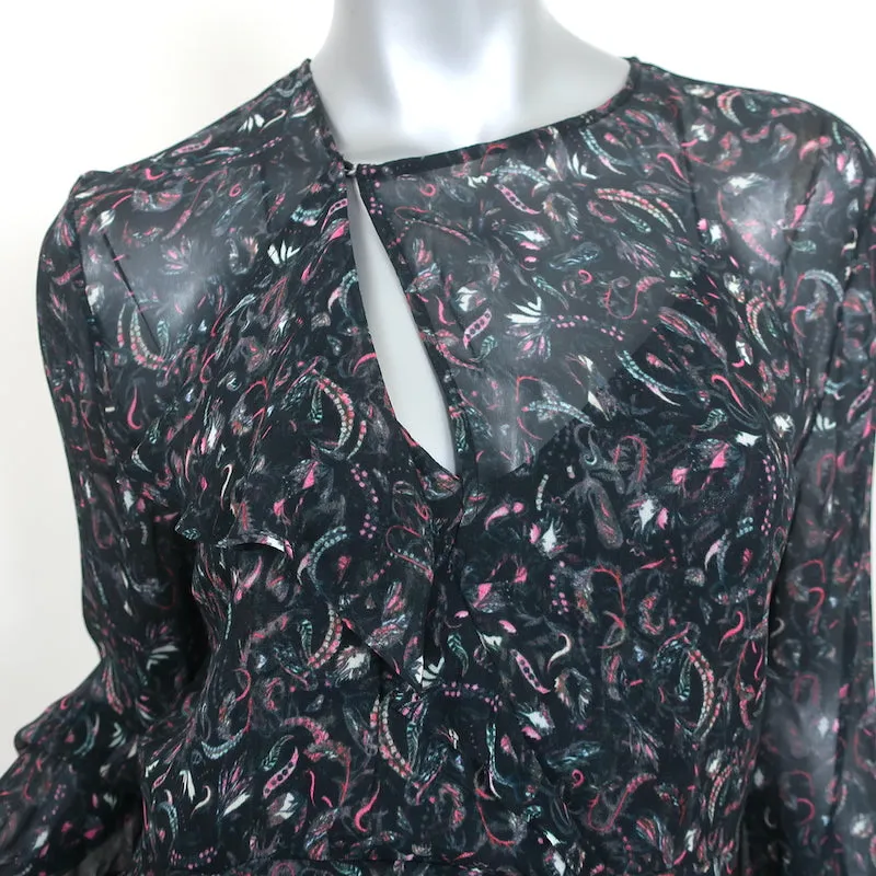IRO Ruffled Mini Dress Honess Black Printed Chiffon Size 36 Long Sleeve