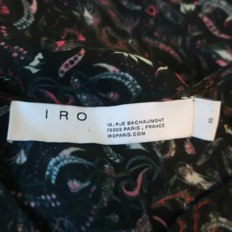 IRO Ruffled Mini Dress Honess Black Printed Chiffon Size 36 Long Sleeve