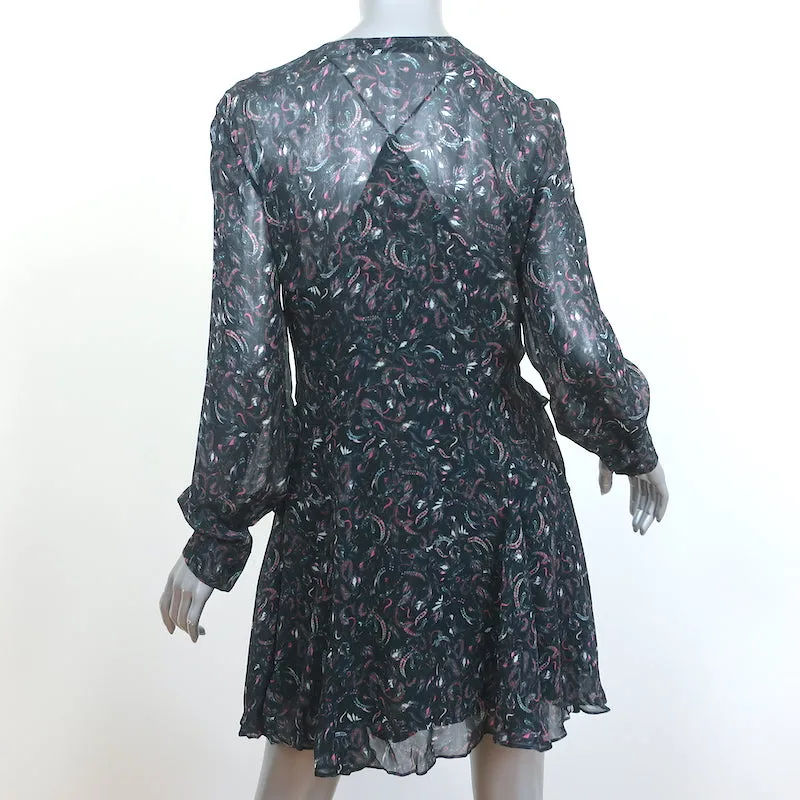 IRO Ruffled Mini Dress Honess Black Printed Chiffon Size 36 Long Sleeve