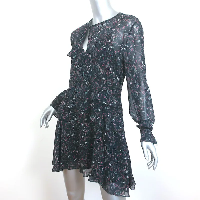 IRO Ruffled Mini Dress Honess Black Printed Chiffon Size 36 Long Sleeve