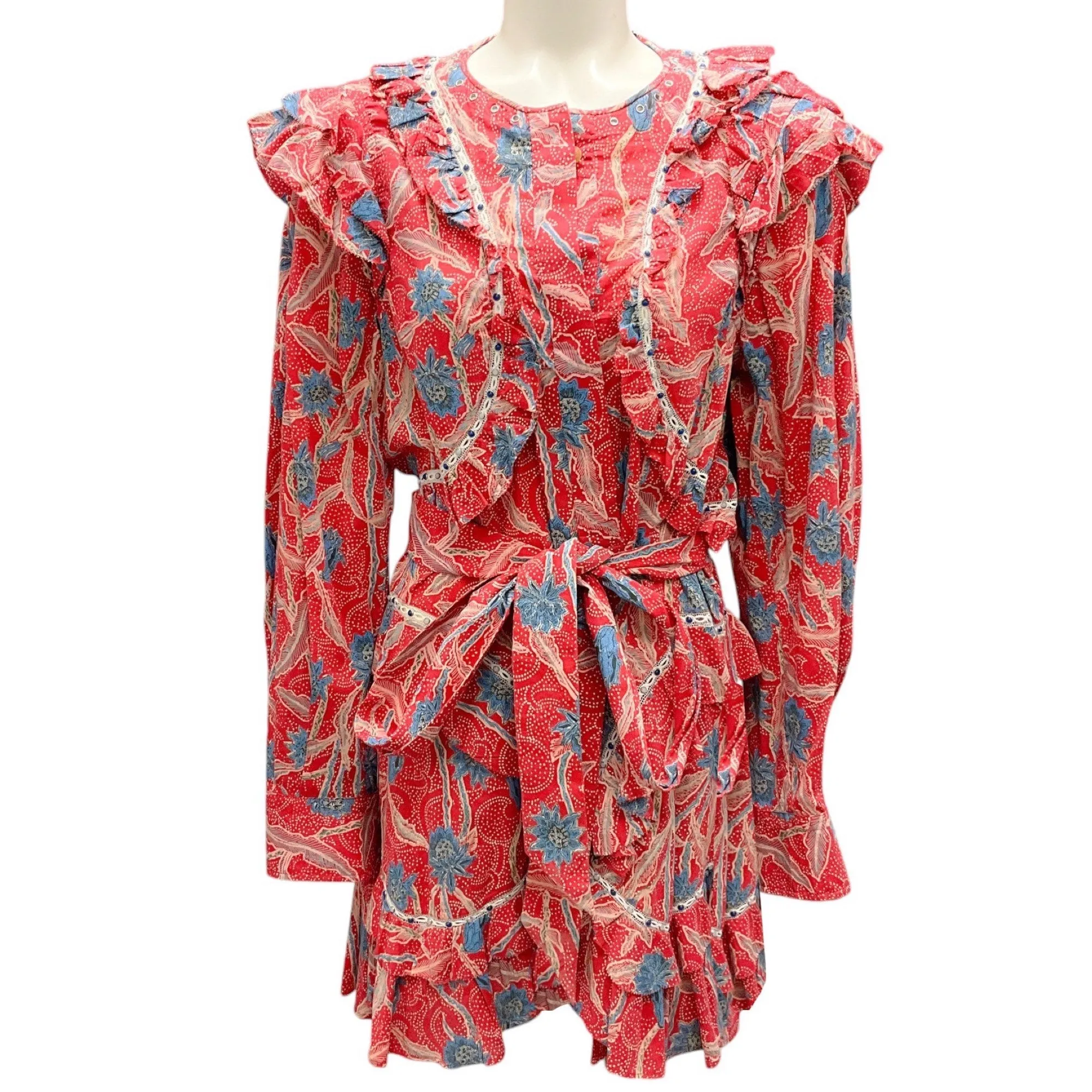 Isabel Marant Red / Blue Printed Ruffled Cotton Dress