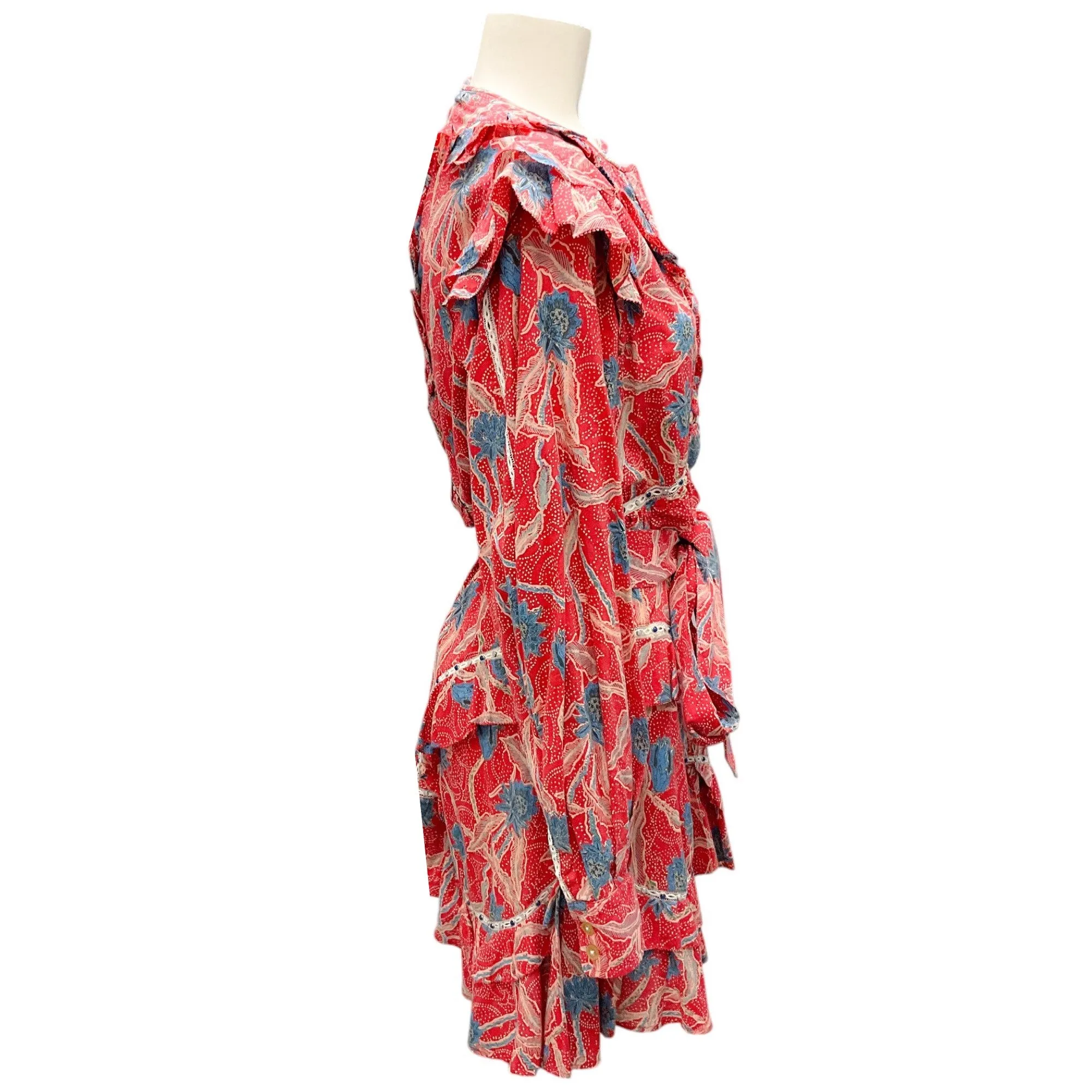 Isabel Marant Red / Blue Printed Ruffled Cotton Dress