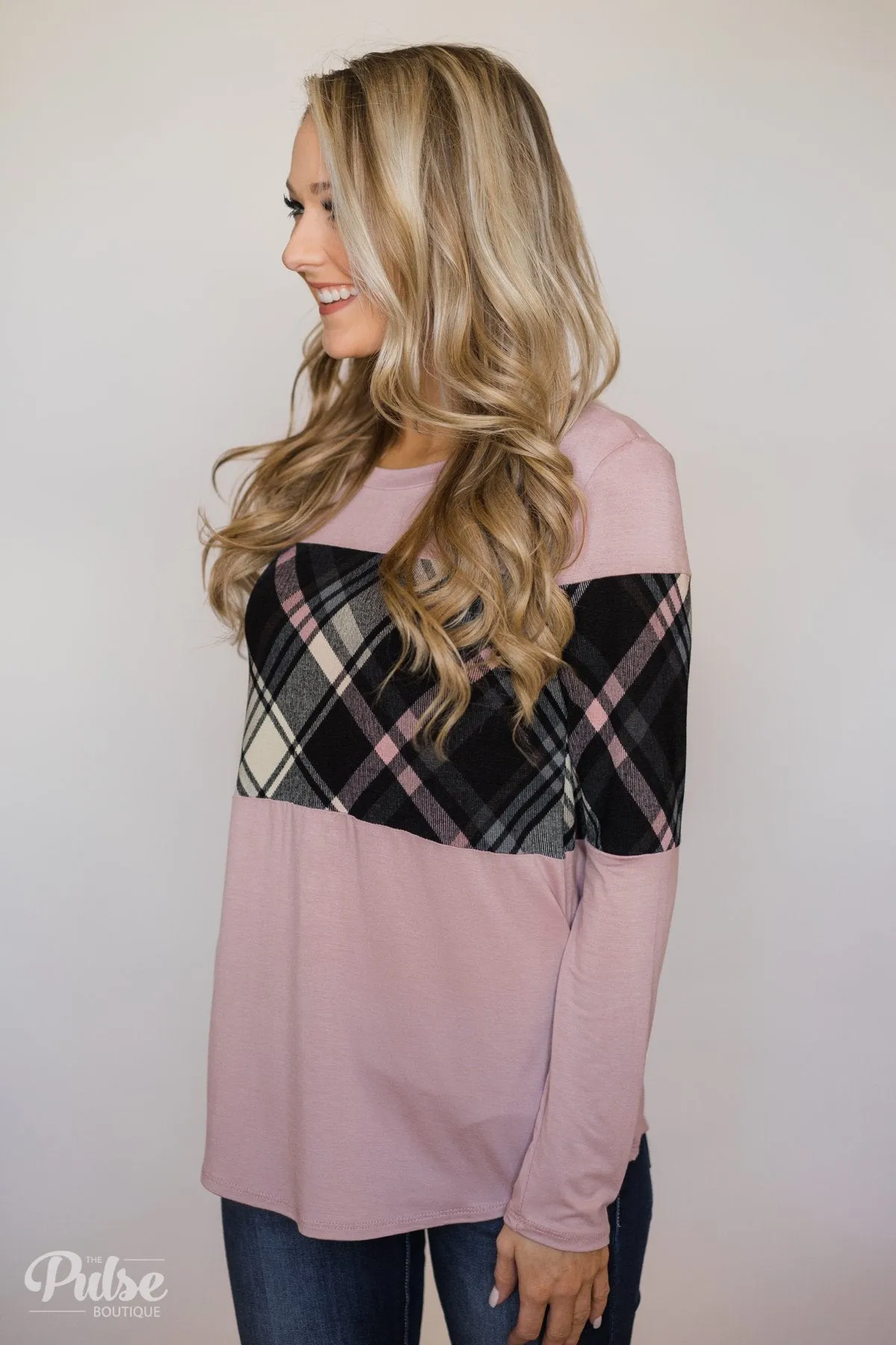 It Goes Like This Long Sleeve Plaid Top- Light Mauve