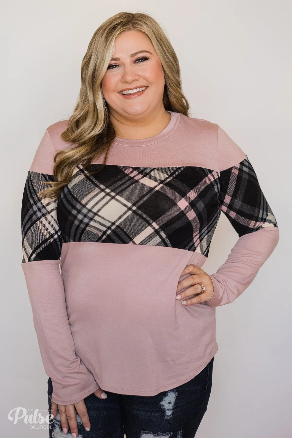 It Goes Like This Long Sleeve Plaid Top- Light Mauve