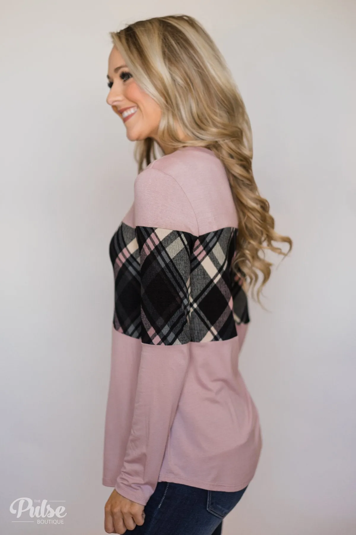 It Goes Like This Long Sleeve Plaid Top- Light Mauve