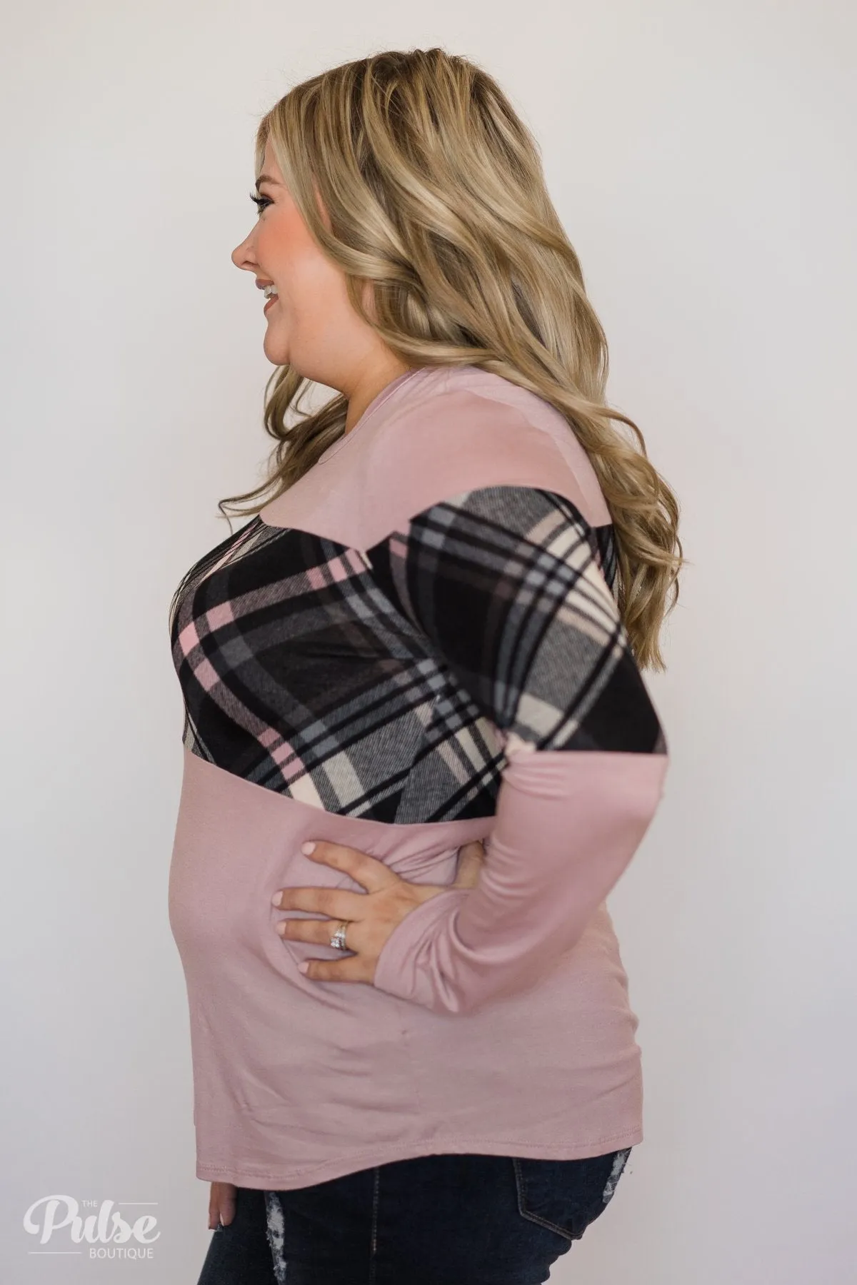 It Goes Like This Long Sleeve Plaid Top- Light Mauve