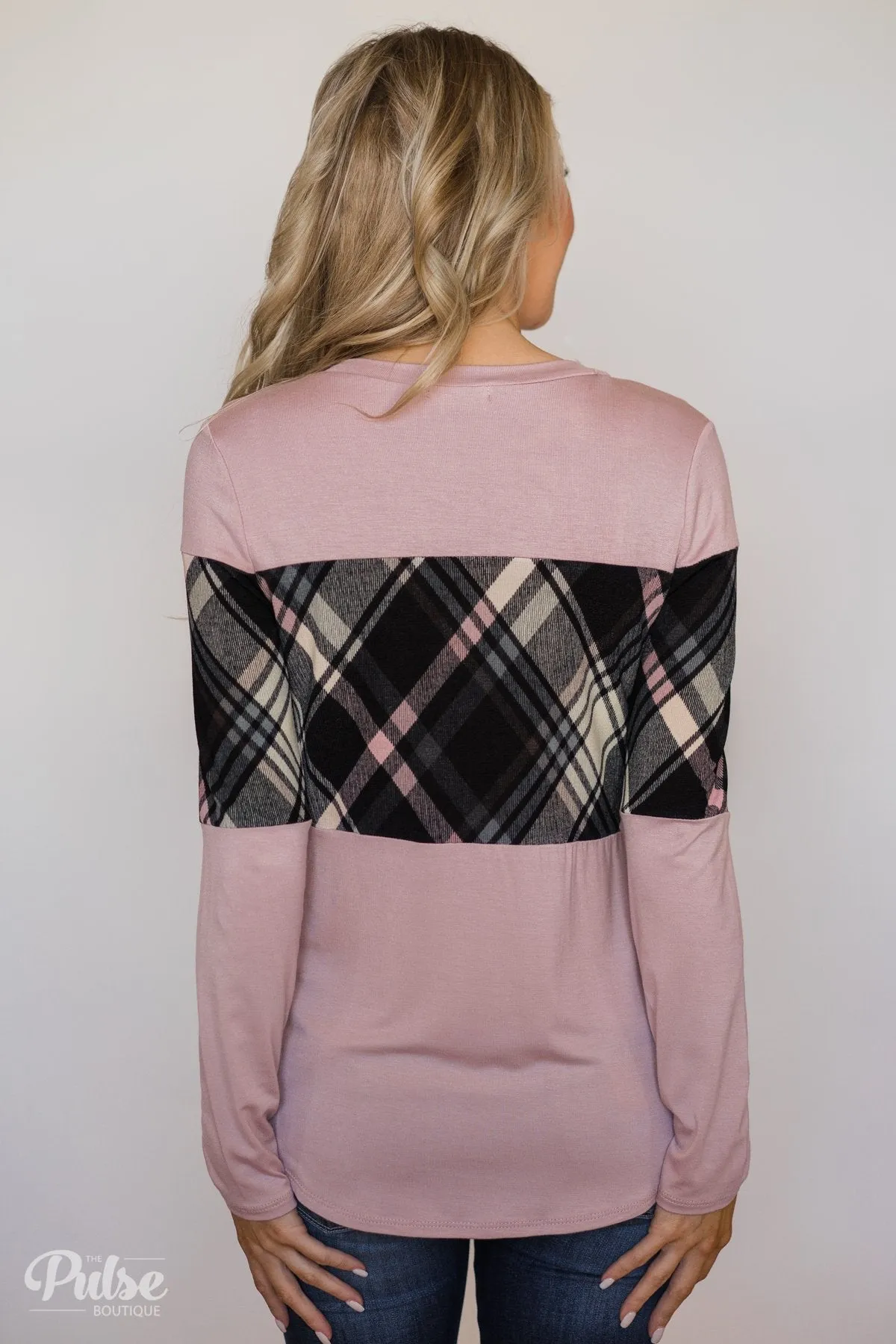 It Goes Like This Long Sleeve Plaid Top- Light Mauve