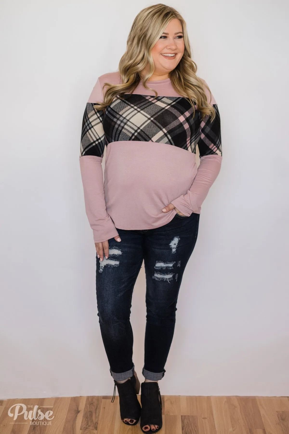 It Goes Like This Long Sleeve Plaid Top- Light Mauve