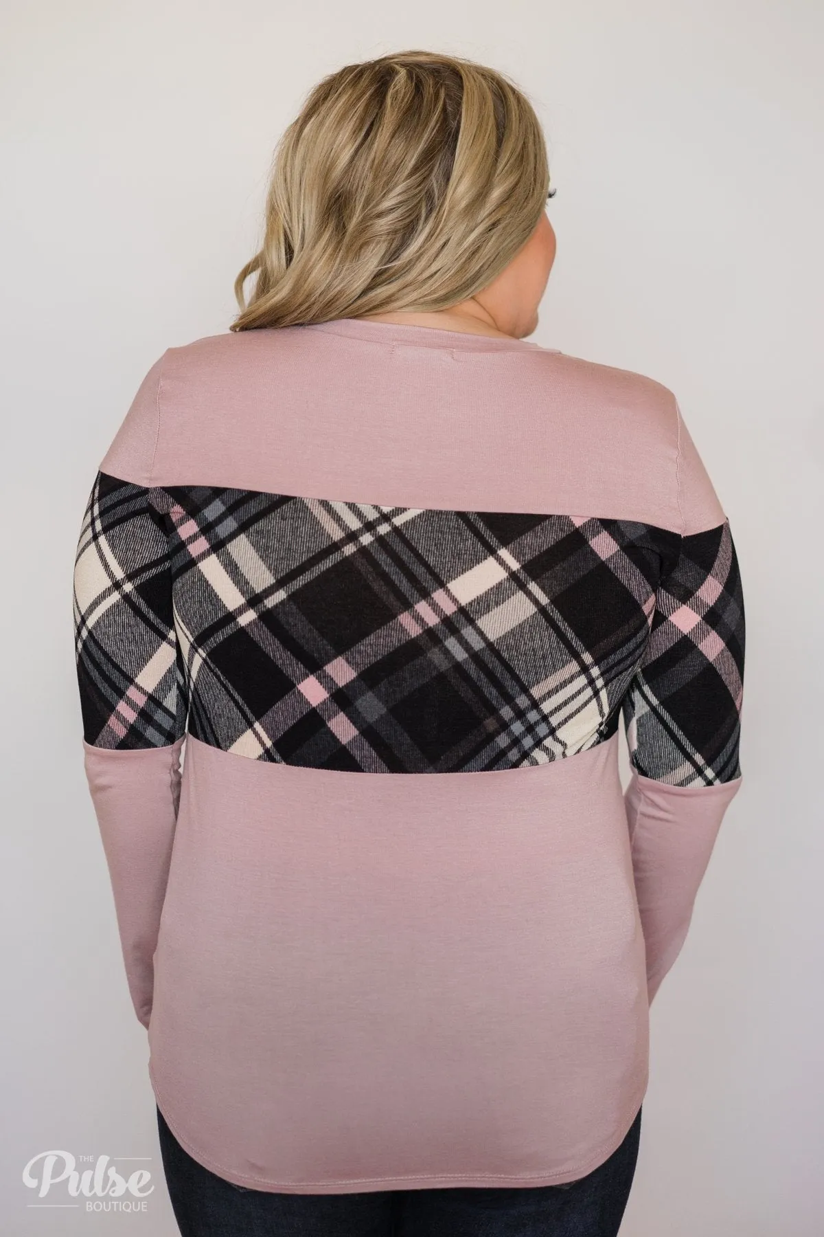 It Goes Like This Long Sleeve Plaid Top- Light Mauve