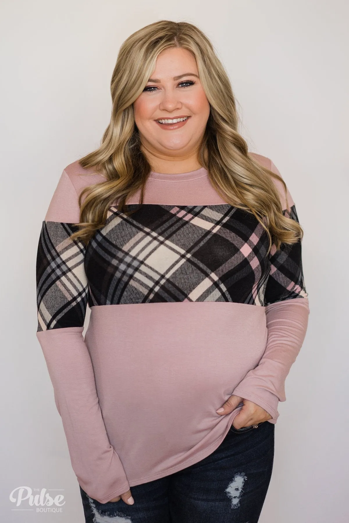 It Goes Like This Long Sleeve Plaid Top- Light Mauve