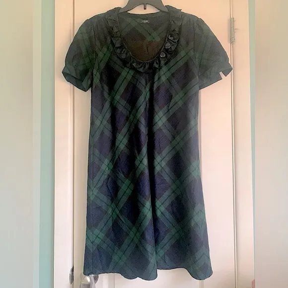 J CREW TARTAN PLAID SCOOP NECK DRESS SIZE 8 BLACK GREEN