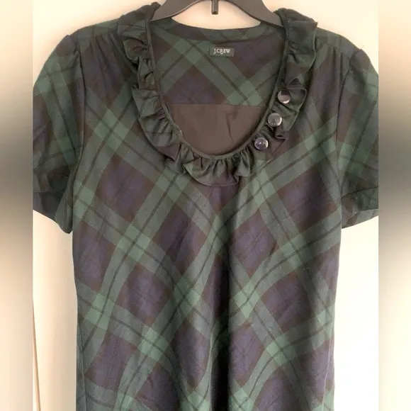 J CREW TARTAN PLAID SCOOP NECK DRESS SIZE 8 BLACK GREEN
