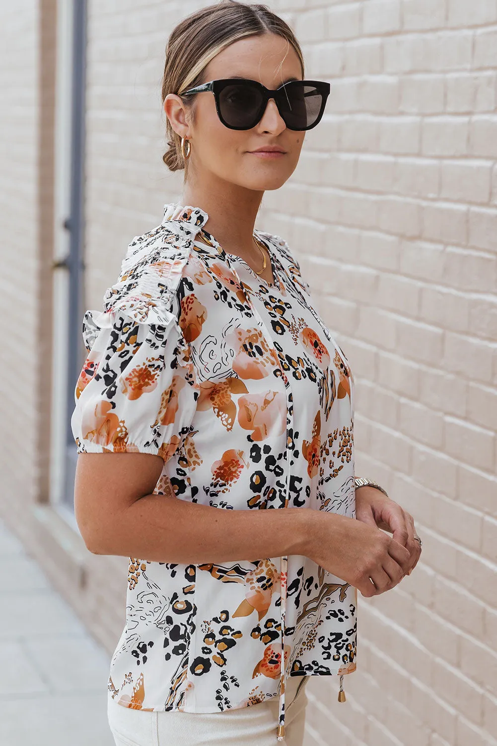 Jade Ruffled Leopard Tie Neck Short Sleeve T-Shirt