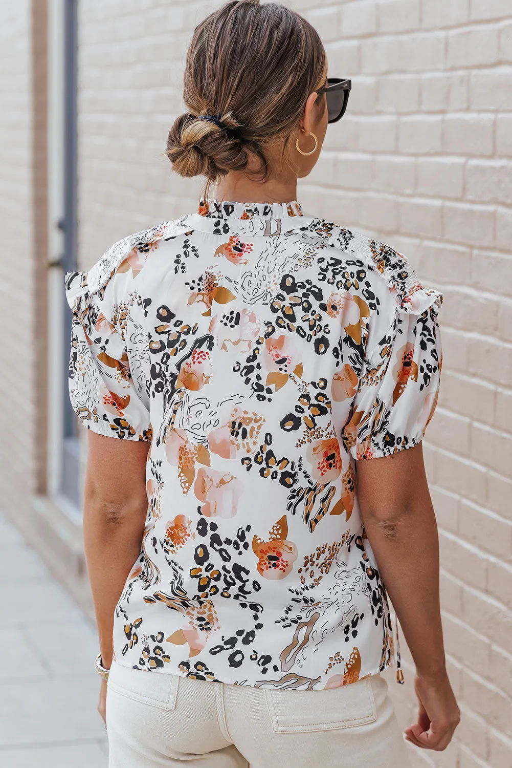 Jade Ruffled Leopard Tie Neck Short Sleeve T-Shirt